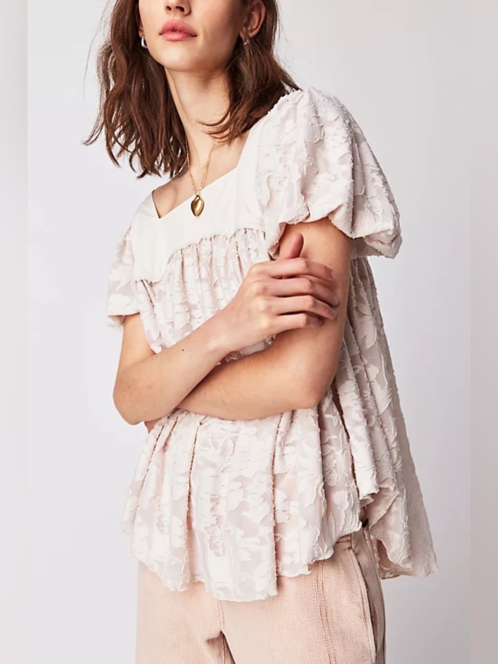 Free People Sunrise To Sunset Textured Puff Sleeve Babydoll Top Cream Size S
